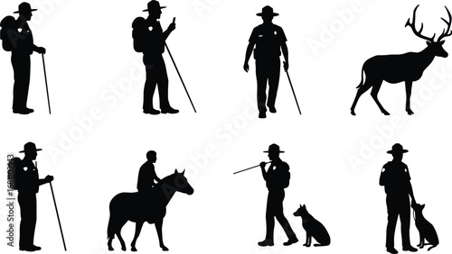 Silhouettes of park rangers hiking, riding horse, walking with dog, wild deer animal, forest patrol, nature conservation officers
