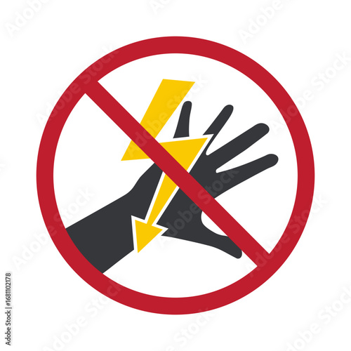 Isolated prohibition sign hand with lightning bolt strike, symbol of electric shock hazard, high voltage danger, do not touch electrical equipments.