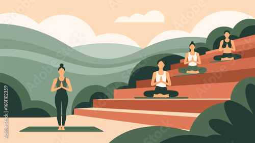 A group of women practicing yoga outdoors on steps with a mountainous background and cloudy sky scene