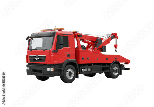 Isolated MAN recovery truck vehicle, red color, towing wrecker, heavy tow, car breakdown