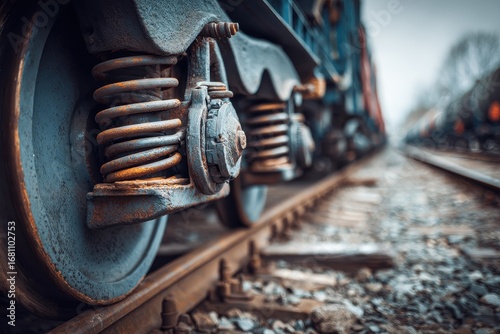 Close up of a railway bogie s springs on the tracks
