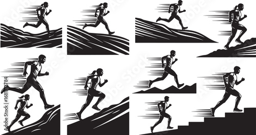 Vector art of collection of runner silhouettes with motion lines, running on different terrains and stairs