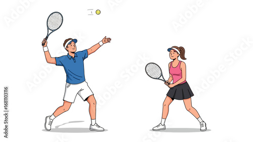 Tennis Match in Action: Dynamic illustration depicts a tennis match in full swing, with players engaging in a focused rally, embodying the energy and competitiveness of the sport.