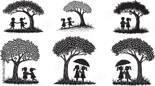 Vector art of silhouettes of children playing under trees, some holding umbrellas
