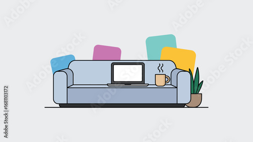 A cartoon illustration of a couch with a laptop coffee and plant against a light gray background