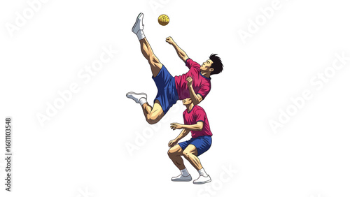 Sepak Takraw Action: A dynamic illustration of Sepak Takraw showcases the agility and athleticism of the sport, with a player executing a gravity-defying kick to propel the ball.