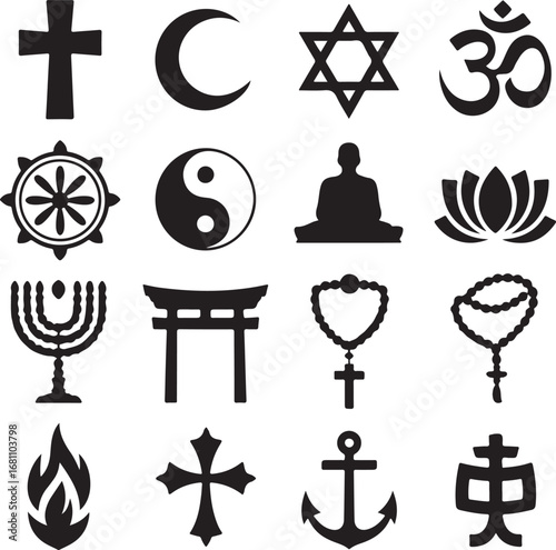 Set of religious symbols and icons in silhouette style cross Christianity