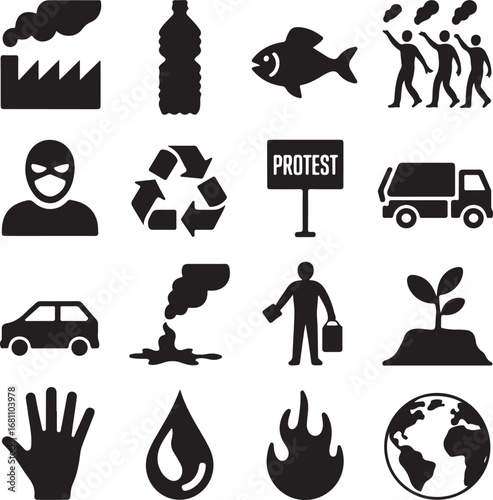 Environmental and protest symbols in black silhouette factory plastic bottle