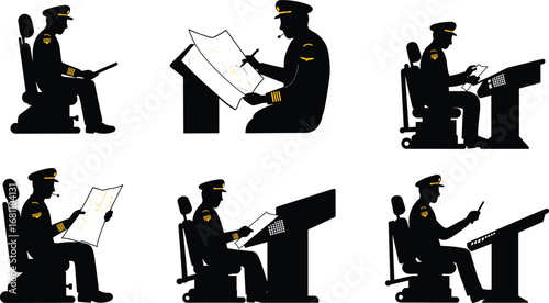 Silhouettes of ship captain navigating, reading maps, using ship controls, maritime officer steering vessel, nautical navigation scenes