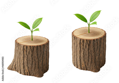 Isolated tree stumps with green plants sprouting from top surface in studio shot
