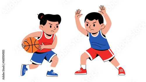 Basketball Showdown: Two animated players engaged in a tense basketball face-off. One dribbles the ball while the other prepares to block. The scene bursts with competitive energy.