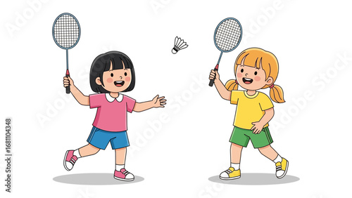 Badminton Buddies: Two young girls are immersed in a friendly game of badminton, each poised to hit the shuttlecock with determination and glee, showcasing a lighthearted outdoor activity.