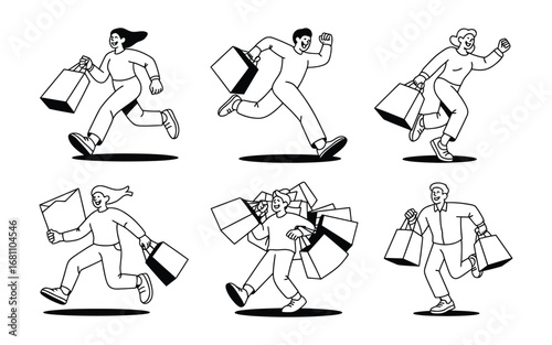 Energetic shoppers carrying many shopping bags