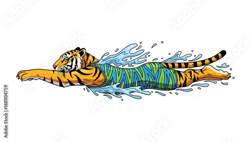 The Aquatic Tiger: A striking illustration of a tiger fearlessly swimming, with the vivid splash of water.