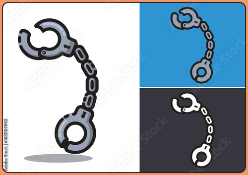 Vector illustration of handcuffs in flat cartoon style. Multiple variations with different backgrounds. Suitable for concepts related to law enforcement, security, police, prison, crime, justice.