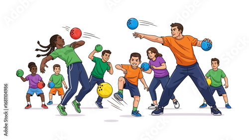 Dodgeball Game Illustration: A vibrant illustration captures a dynamic dodgeball game, with diverse children and one adult in action, showcasing energy and competition.