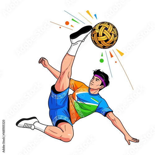 Dynamic Sepak Takraw Action: A vibrant illustration captures a skilled athlete mid-air, executing a powerful kick to strike the woven ball in a captivating display of athleticism and precision.