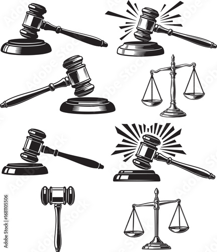 Vector art of set of handdrawn legal symbols including gavels and scales of justice