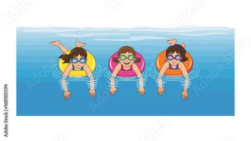 Splashing Fun: A vibrant illustration captures three young girls enjoying a leisurely swim in a serene pool, floating on colorful inflatable rings and enjoying the refreshing water.