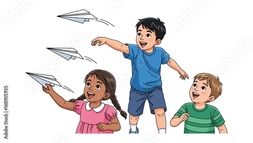 Childhood Dream: Three young children eagerly launch paper airplanes, embodying the simple joy of youth and imagination in a vibrant display of innocence and creativity.
