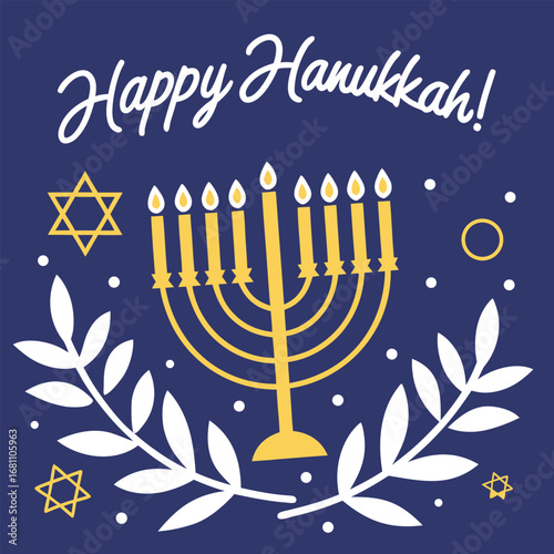Festive Happy Hanukkah message features a menorah, Star of David, branches, and dots
