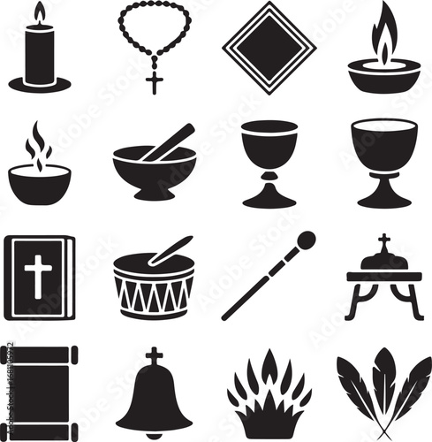 Religious and spiritual symbols icons collection on white background candle rosary