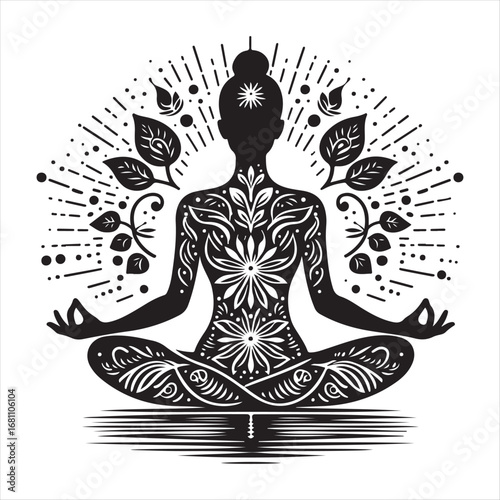 Elegant black and white line art of a woman in a yoga lotus position, surrounded by radiating light and floral motifs for spiritual balance
