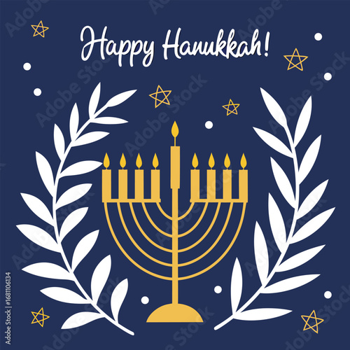 Golden menorah and stars with festive greetings amidst olive branches against navy backdrop