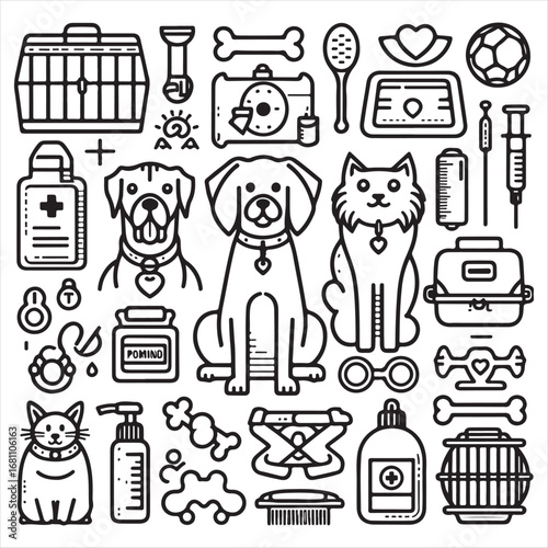 A comprehensive collection of pet care line icons for veterinary clinics and animal services, featuring dogs, cats, medical supplies, and grooming tools