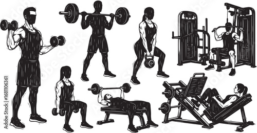 Vector art of collection of people exercising with weights and gym equipment in a sketch style