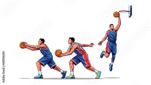 Basketball Player in Action: Dynamic illustration captures a basketball player's sequential movements, from dribble to slam dunk, exemplifying power, skill, and athleticism in a burst of motion.