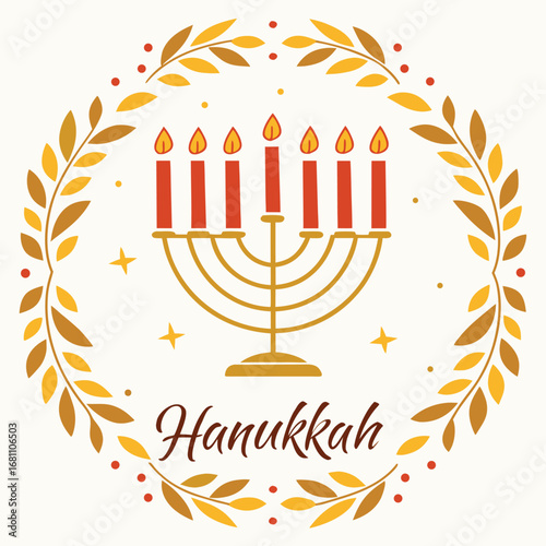 Lit Hanukkah menorah within a circular wreath of leaves and the word Hanukkah is visible