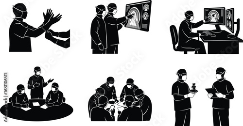 Surgeons preparing, medical team briefing, surgical planning, operating room teamwork, doctors analyzing scans, surgical gloves, medical discussion, healthcare professionals