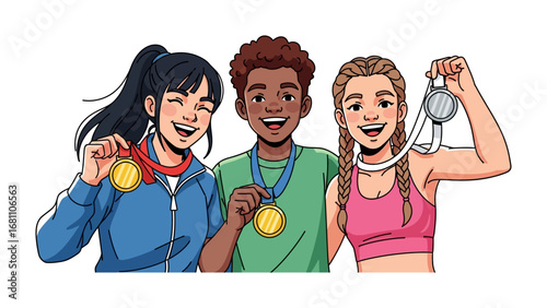 Triumphant Trio: Capturing the spirit of sportsmanship and achievement, a joyful trio celebrates their triumph with shining medals held high, symbolizing the pinnacle of success and teamwork. 