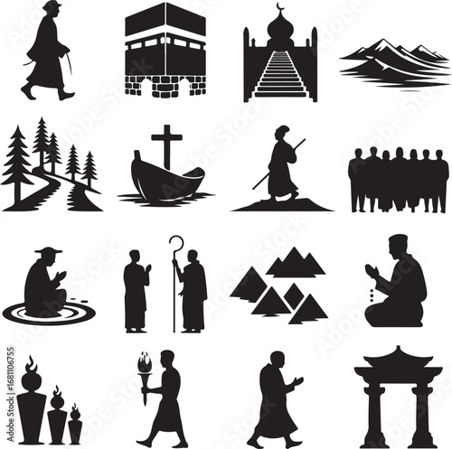 Religious and cultural icons in silhouette including people and buildings religion culture