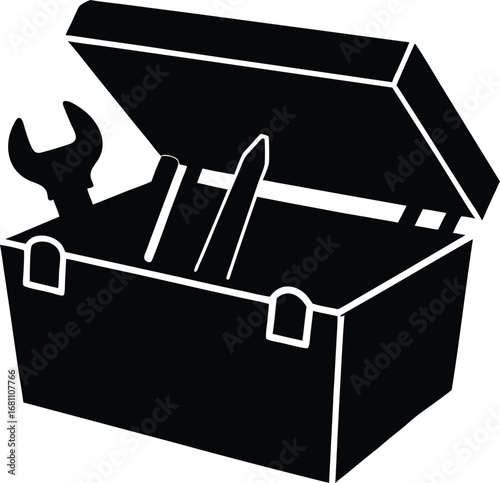 Silhouette of a toolbox with an open lid revealing tools inside