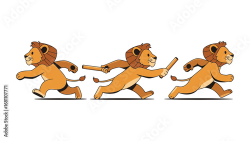Lion Cub Relay: An energetic lion cub sprints across a vibrant backdrop, gracefully passing the baton, symbolizing teamwork, speed, and youthful vigor.