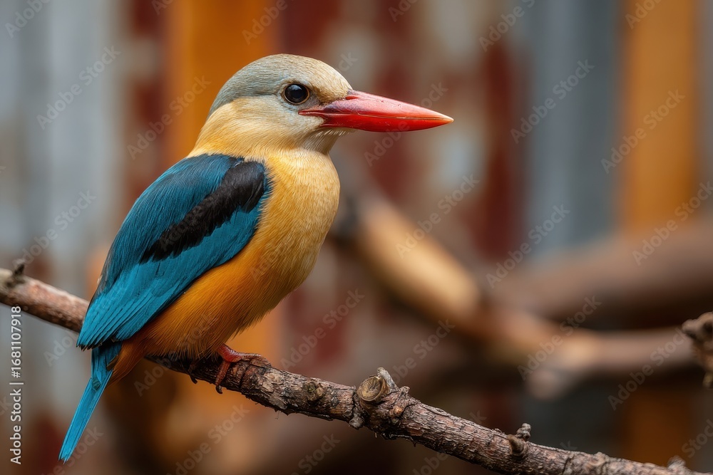 Obraz premium Blue winged Kingfisher perched in an outdoor enclosure