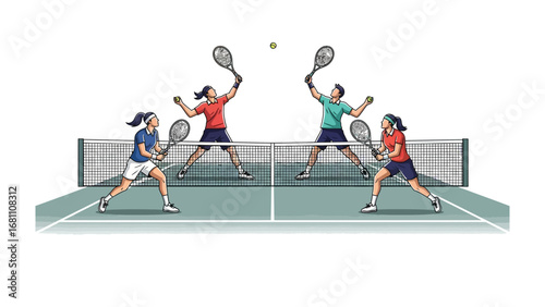 Tennis Match Dynamics: Dynamic action scene in an artistic illustration of a tennis match, where two teams vigorously compete on the court.