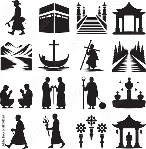 Religious pilgrimage and worship icons Kaaba stairs temple cross boat mecca