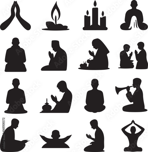 Silhouettes of people in prayer and meditation against a white background praying yoga