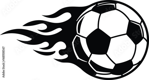 A black and white vector image of a soccer ball engulfed in flames on a white background design element