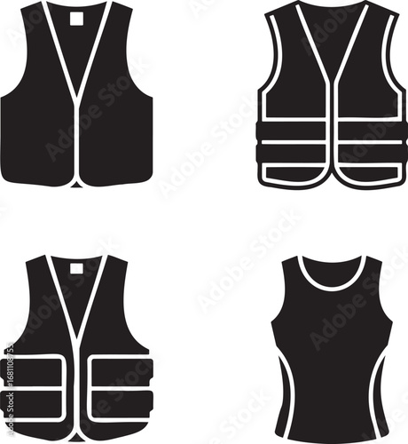 Safety Vest Silhouettes Set in 2x2 Grid – Vector Icons of Reflective, Utility, Protective, and Sports Vests on White Background