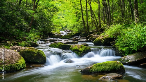 Serene Stream Flowing Through Lush Green Forest with Rocks  Tranquil Nature Landscape.