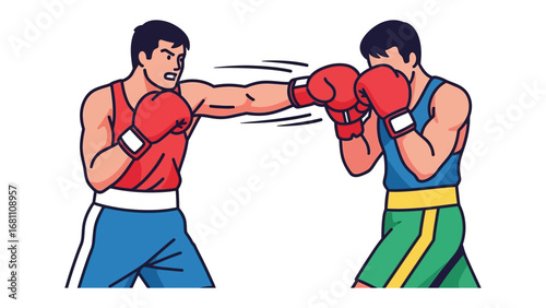 Rivalry in the Ring: Two athletic figures engage in a dynamic boxing match, showcasing power, precision, and the spirit of competition. A vivid illustration in a sporting spectacle
