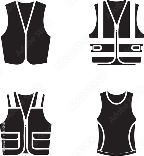Safety Vest Silhouettes Set in 2x2 Grid – Vector Icons of Reflective, Utility, Protective, and Sports Vests on White Background