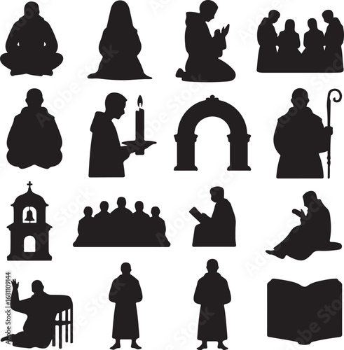 Religious figures and symbols in silhouette format Keywords: religion, religious, monk, nun