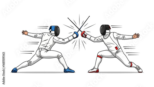 Duel in the Arena: Two skilled fencers engage in a dynamic duel, their blades crossed in a moment of intense competition, showcasing the grace and skill of the sport.