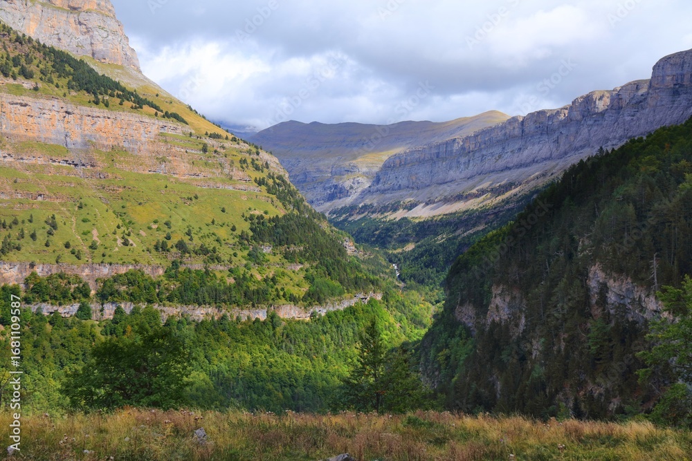 Naklejka premium Mountain valley in cloudy Spanish Pyrenees. Viewed from Senda de Los Cazadores hiking trail in Ordesa y Monte Perdido National Park in Pyrenees.