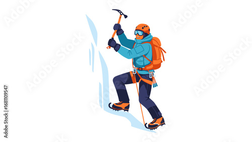 Ascent of Courage: An illustration captures a determined mountaineer scaling a steep icy face, their ice axe firmly planted, embodying the spirit of adventure.